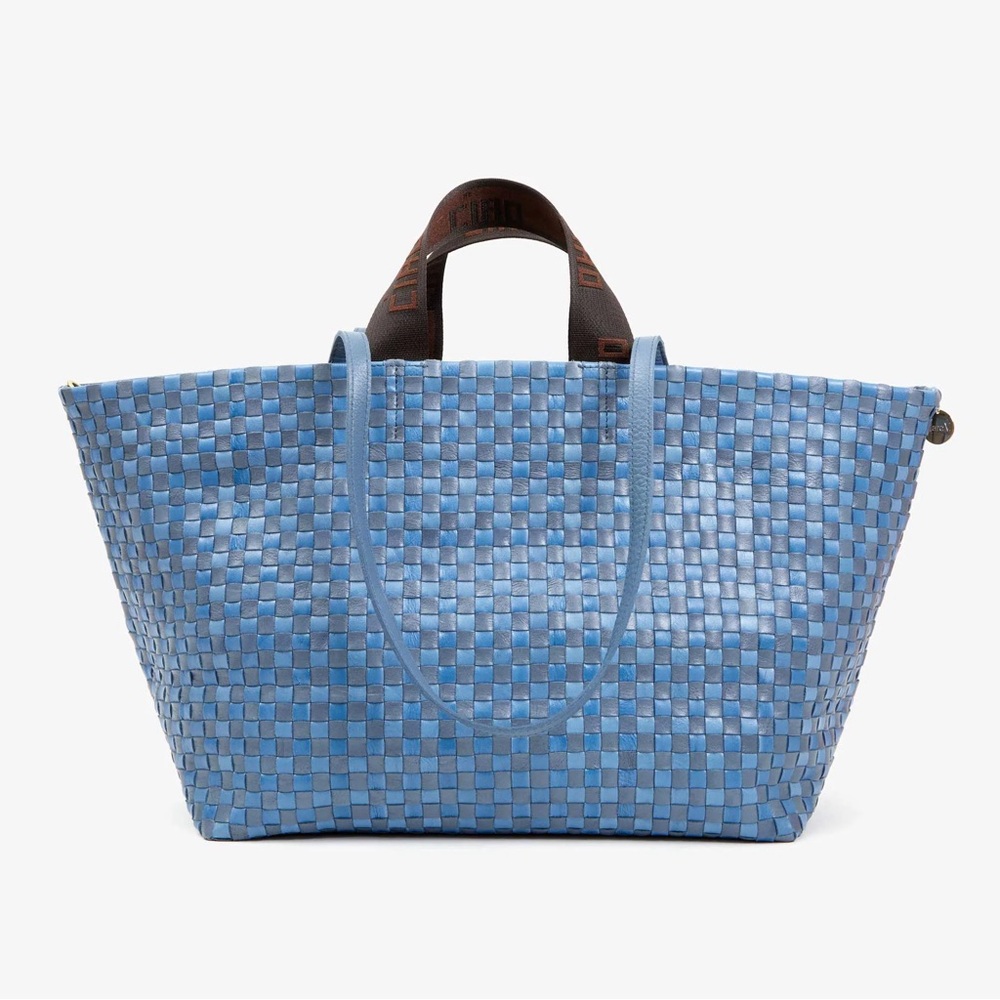 Clare V Blue Woven Tote with Brown Top Handles